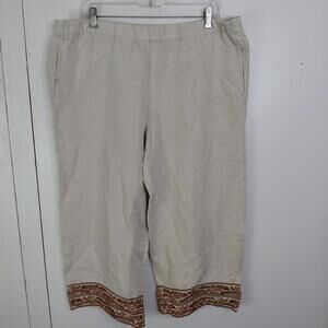 J Jill Pants Womens L Wide Leg Cropped Embroidered Hem Pull On Neutral Coastal